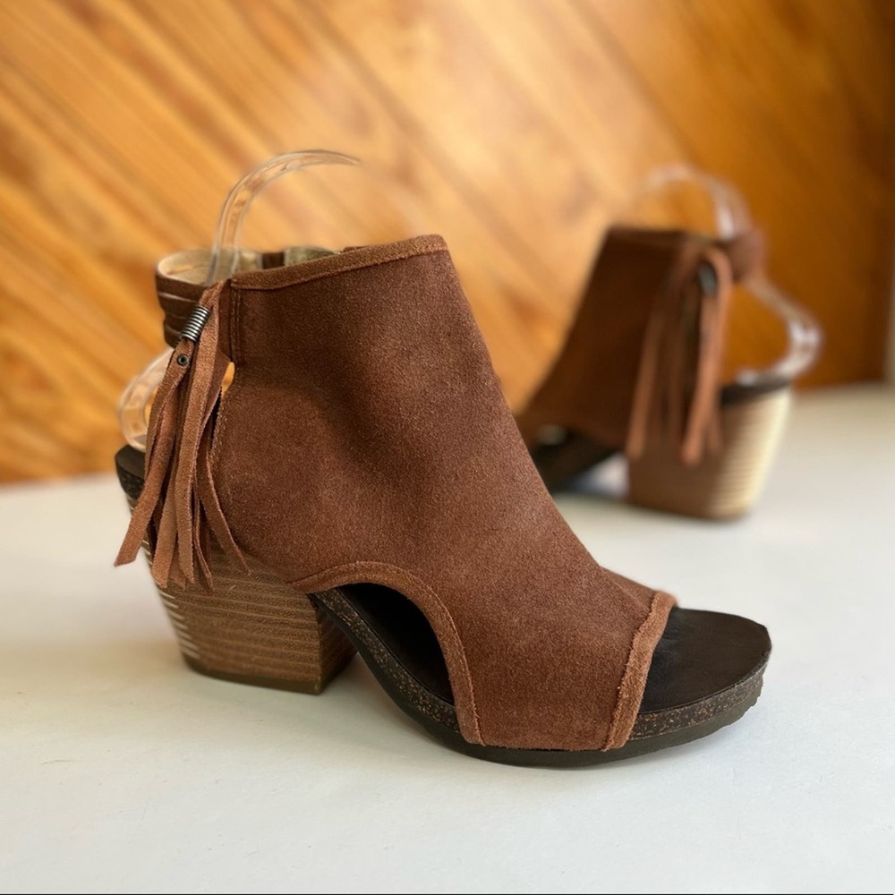 OTBT Free Spirit Suede Leather Fringe Open Toe Bootie